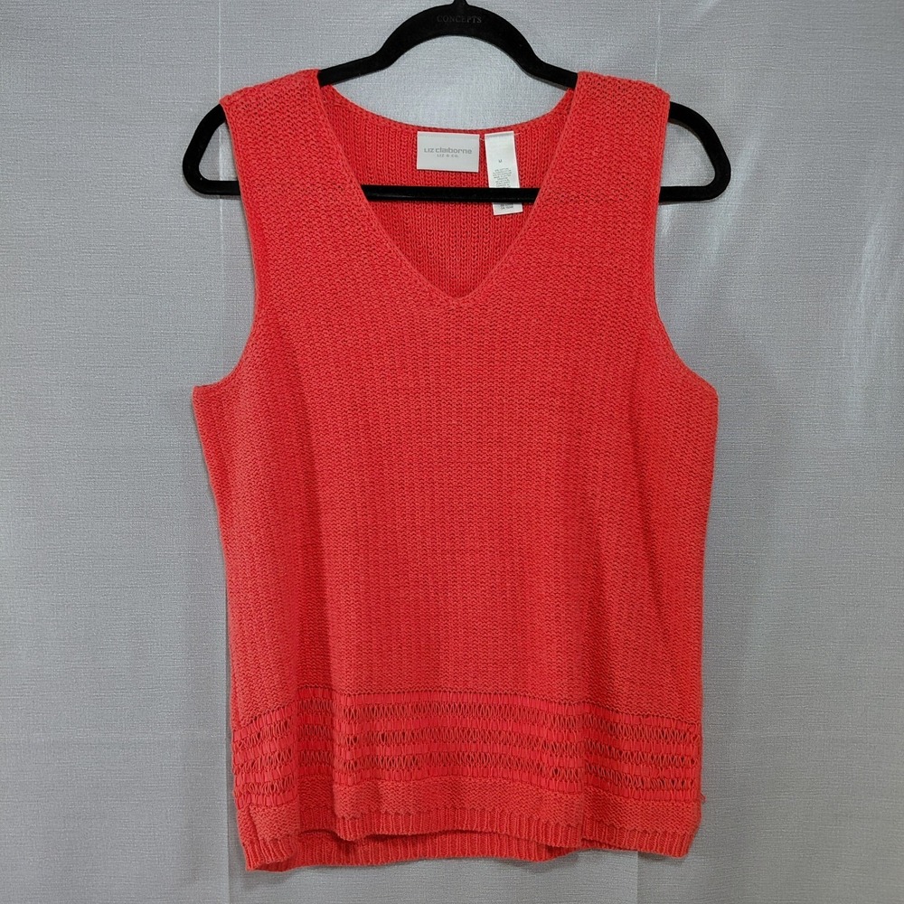 Liz Claiborne V-neck Knit Sleeveless Top Women's Med Red Cotton Blend Popover‎